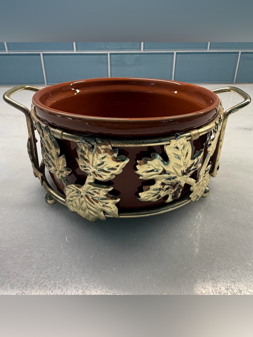 Teleflora Brown Ceramic Bowl Gold Metal Leaf Holder Handles Fall Autumn Decor